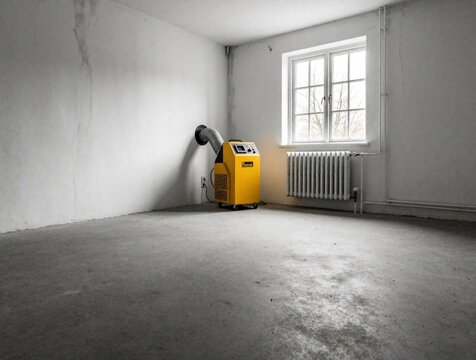 Empty room with damaged white walls, moisture stains. Yellow industrial dehumidifier works near white radiator, window. Concrete floor covers large space in minimalist interior. Construction site