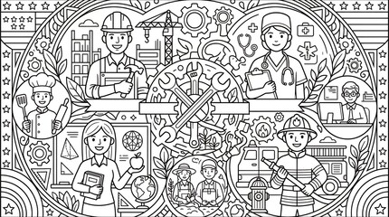 Fototapeta premium Industrial emblem coloring page featuring worker portraits and mechanical elements.