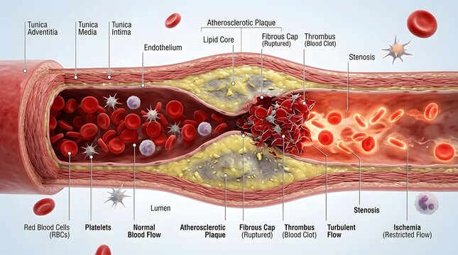 A comprehensive medical diagram of an artery showing plaque, thrombus, and anatomical layers.