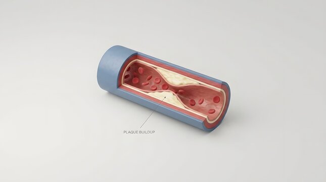 A clean 3D medical model of a human artery section showing plaque accumulation and narrowing.