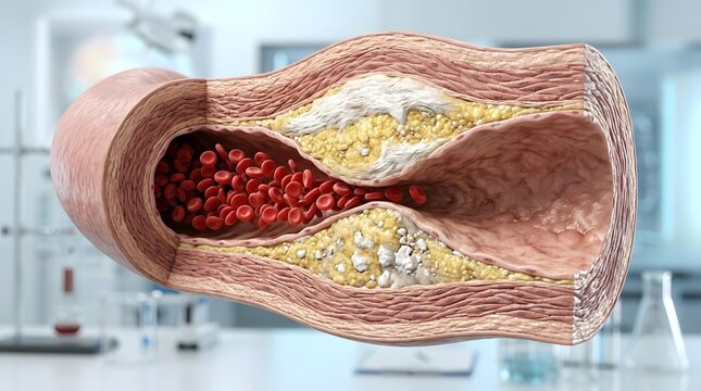 A cross section of a human artery showing severe narrowing caused by dangerous cholesterol plaque.