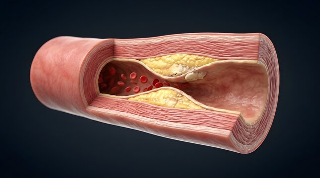 A high resolution medical render of a human artery showing significant cholesterol plaque buildup.