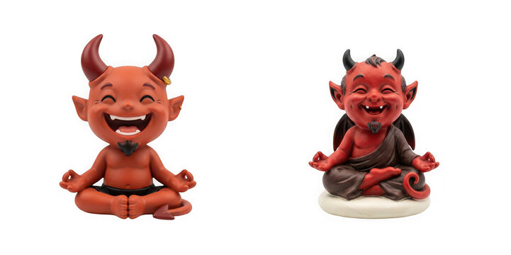 Two cute red devil figurines in meditation pose isolated on transparent background