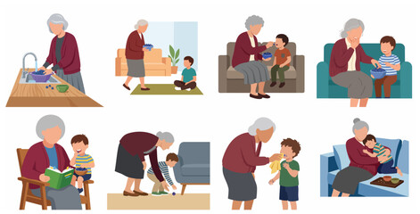 Fototapeta premium Grandmother and Grandson Bonding Activities and Healthy Snacks Illustration Set