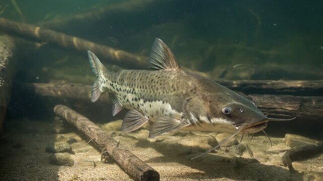 Spotted catfish swimming underwater near riverbed. Freshwater fish moving gracefully among submerged logs. Aquatic wildlife in natural habitat, ecosystem observation.