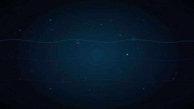 Dark blue abstract technology background with glowing particles geometric shapes and subtle wavy lines for digital network concept