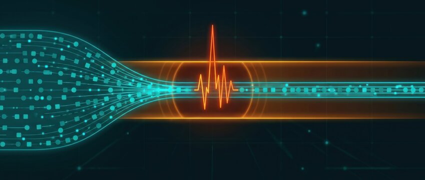 Isolated threshold breach in digital enterprise data flow with abnormal signal monitoring, teal and amber technology report header background