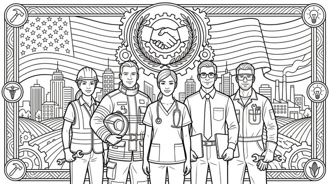 Coloring page showing diverse group of essential workers standing before city view.