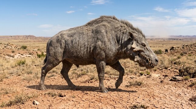 Daeodon walking across an arid prehistoric landscape