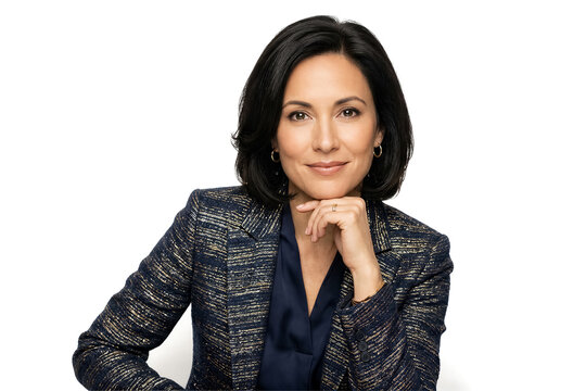 Woman looking at camera with hand on chin. Indoor studio environment with plain white backdrop. Concept of business, professionalism, corporate identity