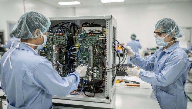 Technicians working in a clean room environment installing digital TV modulators with main components in sharp focus and tools blurred behind.