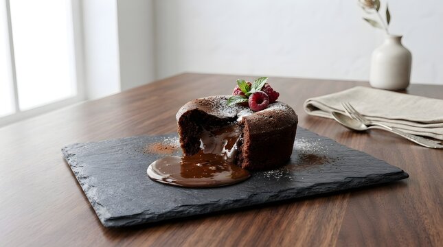 Decadent molten chocolate lava cake with liquid center and raspberry garnish on slate plate after dinner chocolate raspberry indulgent sweetness