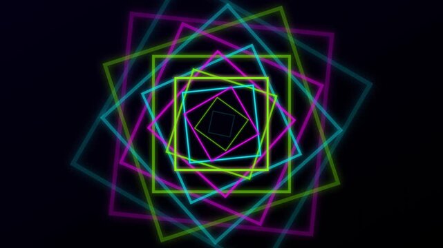 Abstract glowing neon square tunnel with vibrant colorful geometric lines on black background
