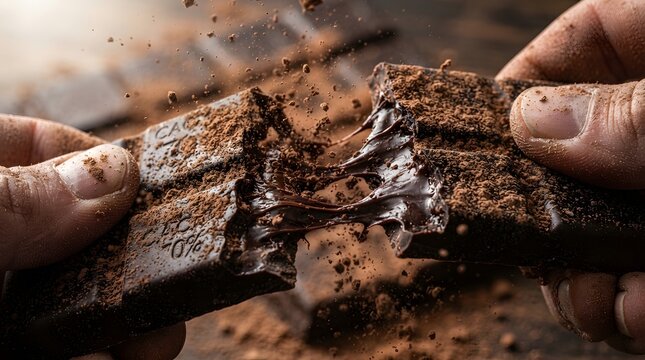 Hands pulling apart a rich chocolate brownie with molten ganache center chocolate breaking indulgence delicious homemade culinary photography