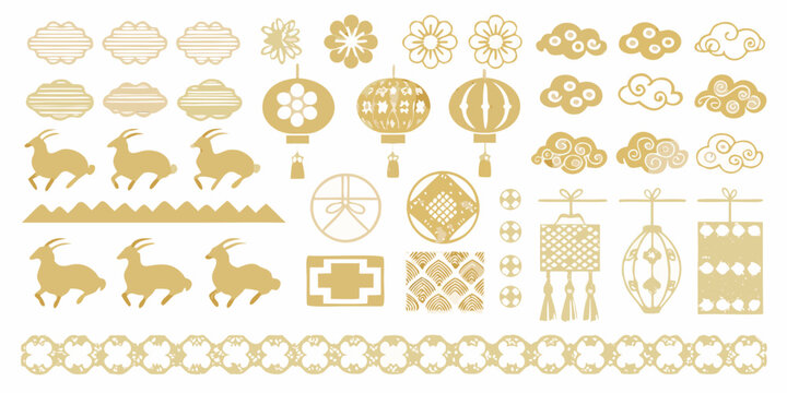 Golden Ram And Floral Ornament Collection A Chinese New Year Vector Illustration On White