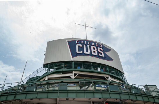 The Chicago Cubs sign atop Wrigley Field, as the surging team pushes toward a 2026 playoff berth, Chicago, Illinois, July  2026.