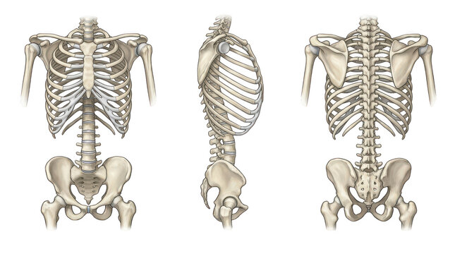 Human skeleton torso with rib cage, spine, and pelvis isolated on transparent background
