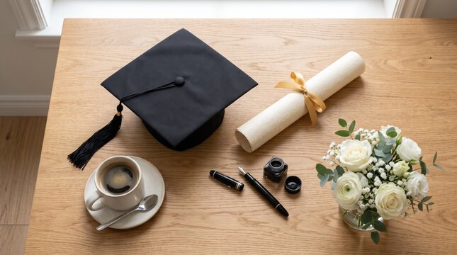 A black graduation cap with a diploma scroll and a cup of coffee on a wooden desk surface