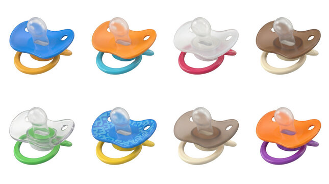 Collection of colorful baby pacifiers isolated on transparent background