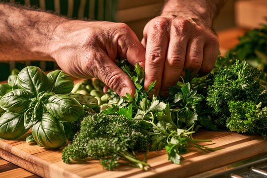 Hands Preparing Fresh Herbs on Wooden Cutting Board