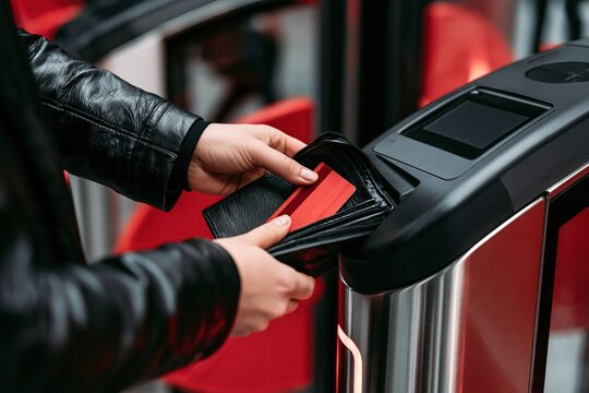 Hand inserting wallet into card reader at bus stop.