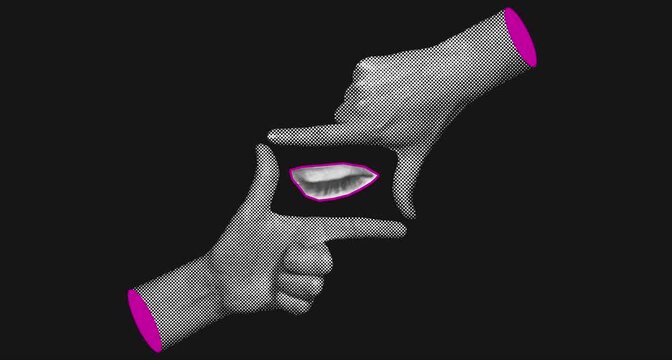 Halftone hands forming finger frame with blinking eye looking at viewer on dark background. Retro pop art style, seamless loop for observation, surveillance, and mystery concepts.