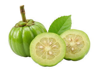 Fototapeta premium Garcinia cambogia fruit whole and sliced isolated on transparent background