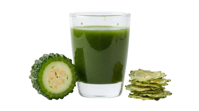 Glass of bitter melon juice with fresh fruit slice and dried chips isolated on transparent background
