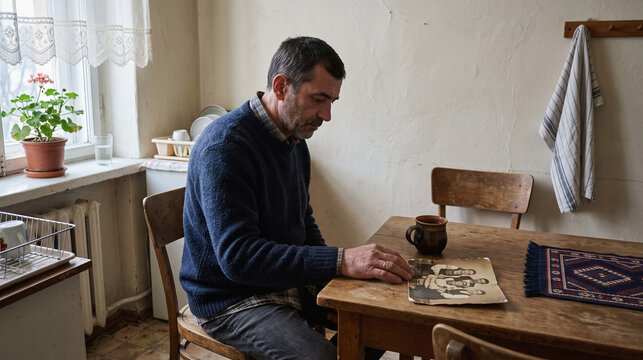 Migrant Adult With Family Photo in a Calm Kitchen Setting