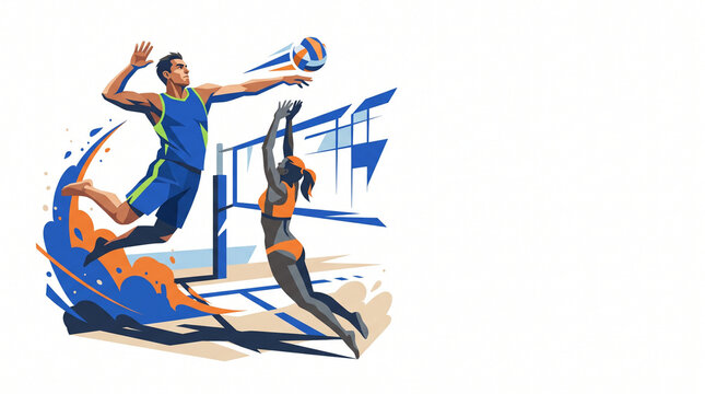 Professional beach volleyball players competing on sandy court  