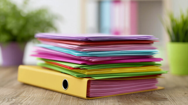 Colourful document folders and paper stack on office binder for business administration