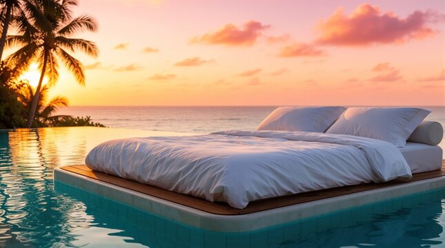 Floating white bed sits inside luxury infinity pool at sunset. Tropical villa resort offers relaxing getaway near ocean. Palm trees silhouette against orange sky horizon. Comfortable bedding platform