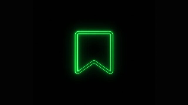 Glowing green neon bookmark animation on a black background, web navigation, interface design, digital library, or online reading