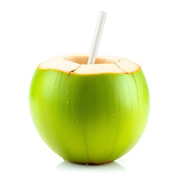 A fresh green young coconut with a white straw inserted for drinking, isolated on a white background, tropical fruit beverage refreshment