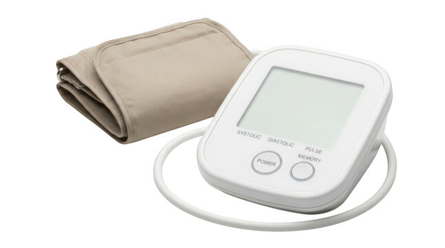 Digital blood pressure monitor with cuff isolated on transparent background