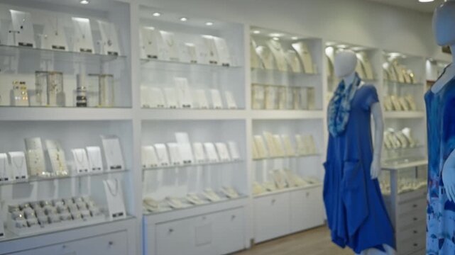 Blurred jewelry shop with soft bokeh shelving and display cases, defocused retail showcase background; background backplate copyspace calm.