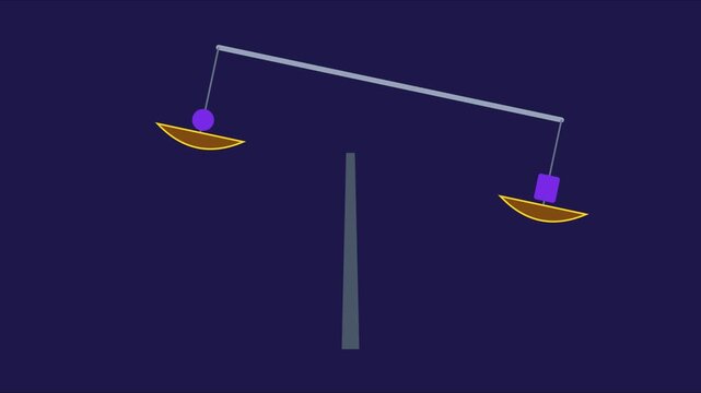 Animated balance scale achieving equilibrium, conceptual weight comparison and decision making motion animation 4k