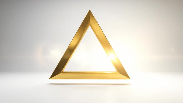 Golden geometric triangle sculpture under bright light beam.