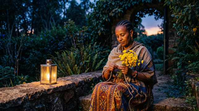 Ethiopian Woman Ties Meskel Flowers in Lantern Light