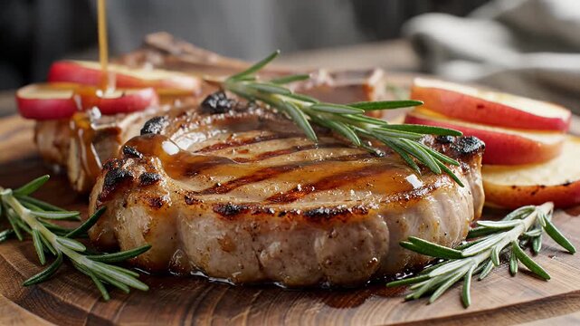Grilled pork chop with rosemary and apple slices.