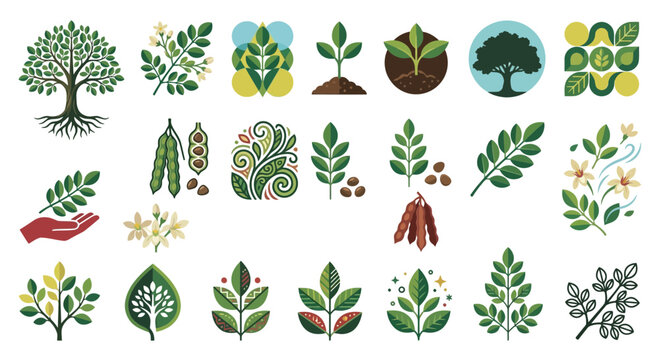 Eco-friendly moringa cultivation and wellness icons.
