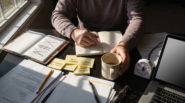 Remote Work Switching Desk With Notes Planner and Fatigue Theme