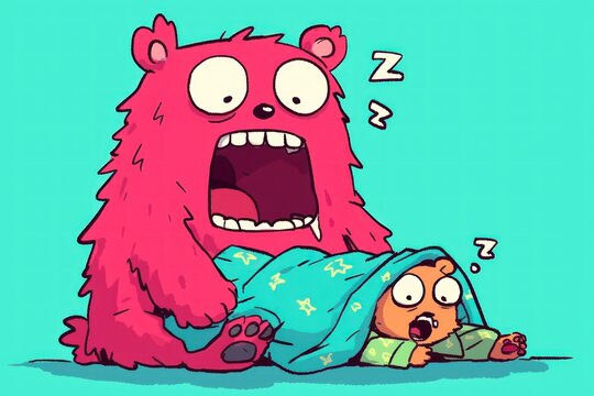 Pink monster watches sleeping cub under blanket, teal background, children's book illustration