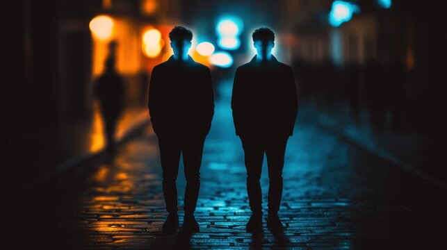 Silhouetted men, night street, city, blurred background, mystery