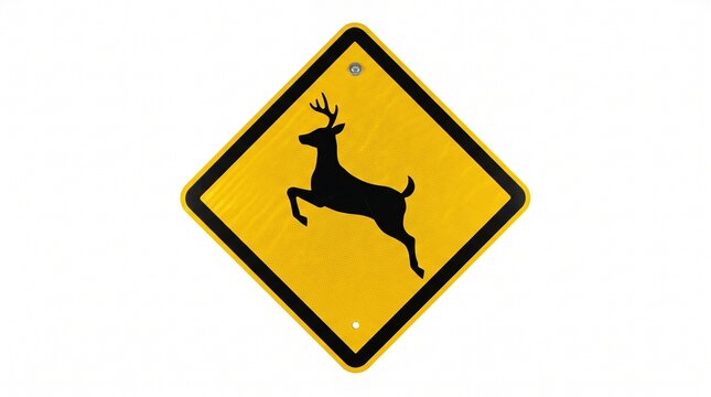 Yellow road warning sign with black deer silhouette symbol on white background with displays yellow diamond
