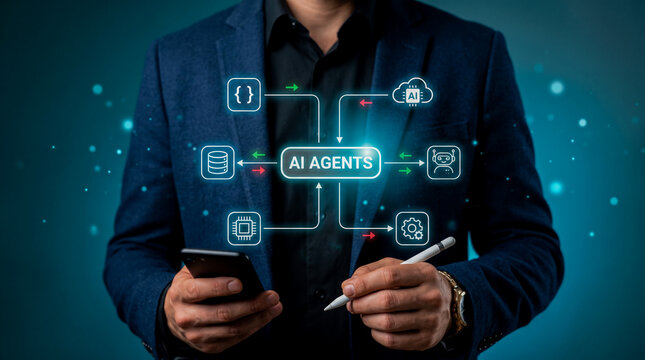Business professional using an AI agents interface with automation workflow diagrams, illustrating autonomous intelligence, smart business automation, digital transformation, and enterprise productivi