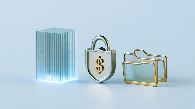 Digital data security concept with shimmering abstract block, dollar sign padlock, and financial folders on a light blue background
