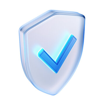 Glassmorphism 3D security shield with glowing blue checkmark, cybersecurity and protection icon
