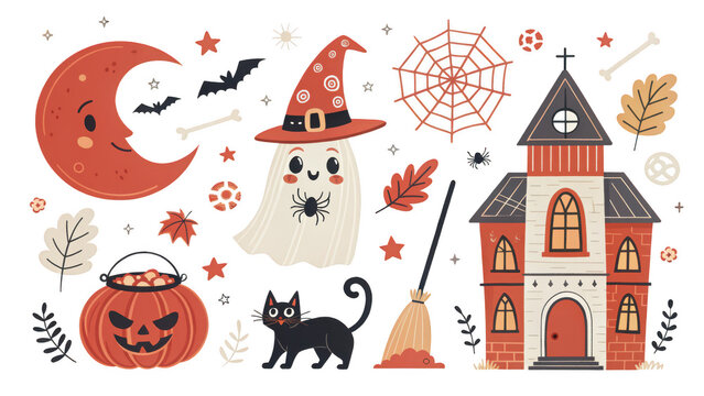 Set of cute pixel art halloween elements with ghost house and pumpkin
