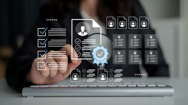 A business professional inspects documents digitally using a magnifying glass, surrounded by graphical elements representing data management and analysis. Gantry